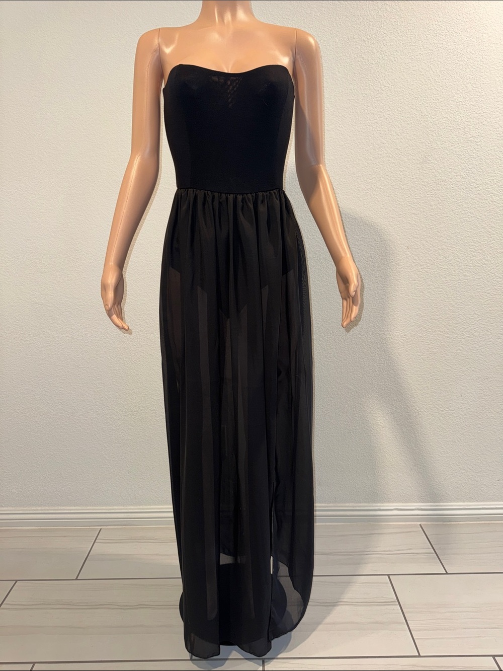 Strapless Black Maxi Dress with Sheer Overlay